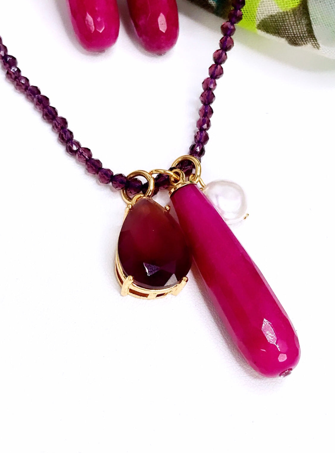 Maroon Jade Gem Necklace and Earring Set