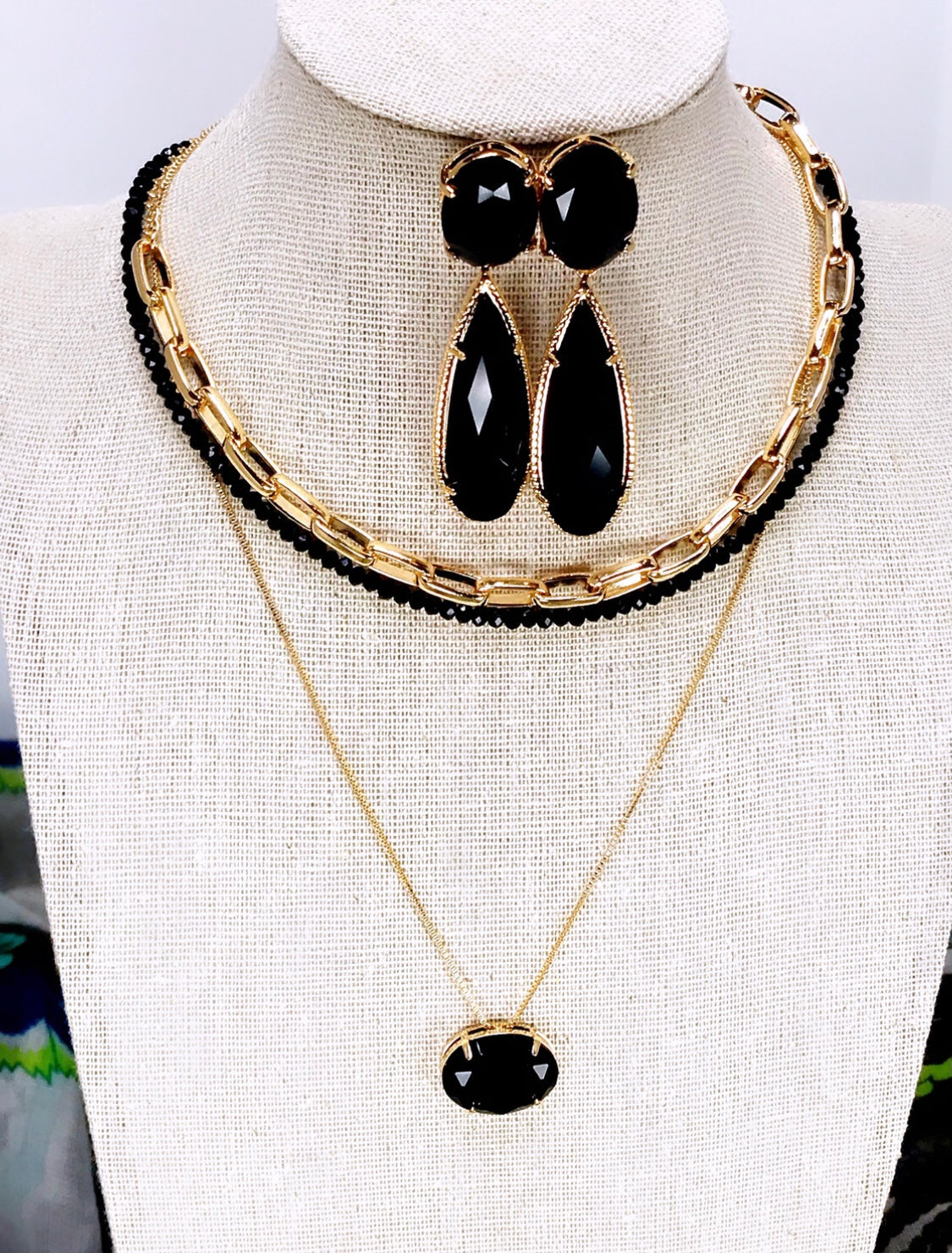Onyx Black Crystal Gem Necklace and Earring Set
