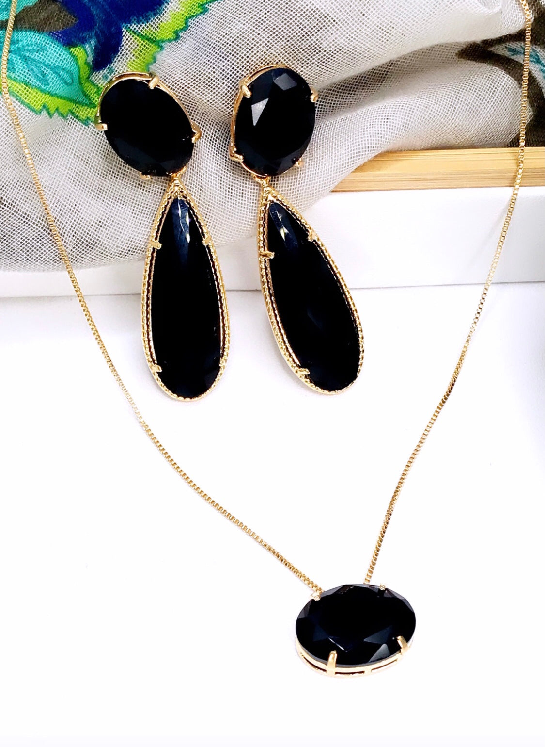 Onyx Black Crystal Gem Necklace and Earring Set