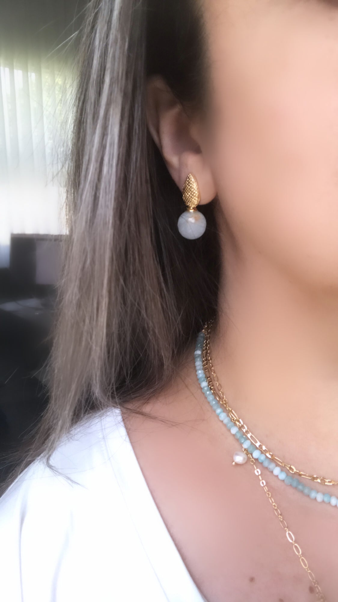 Angelite Aquamarine Jade Gem Necklace and Earring Set