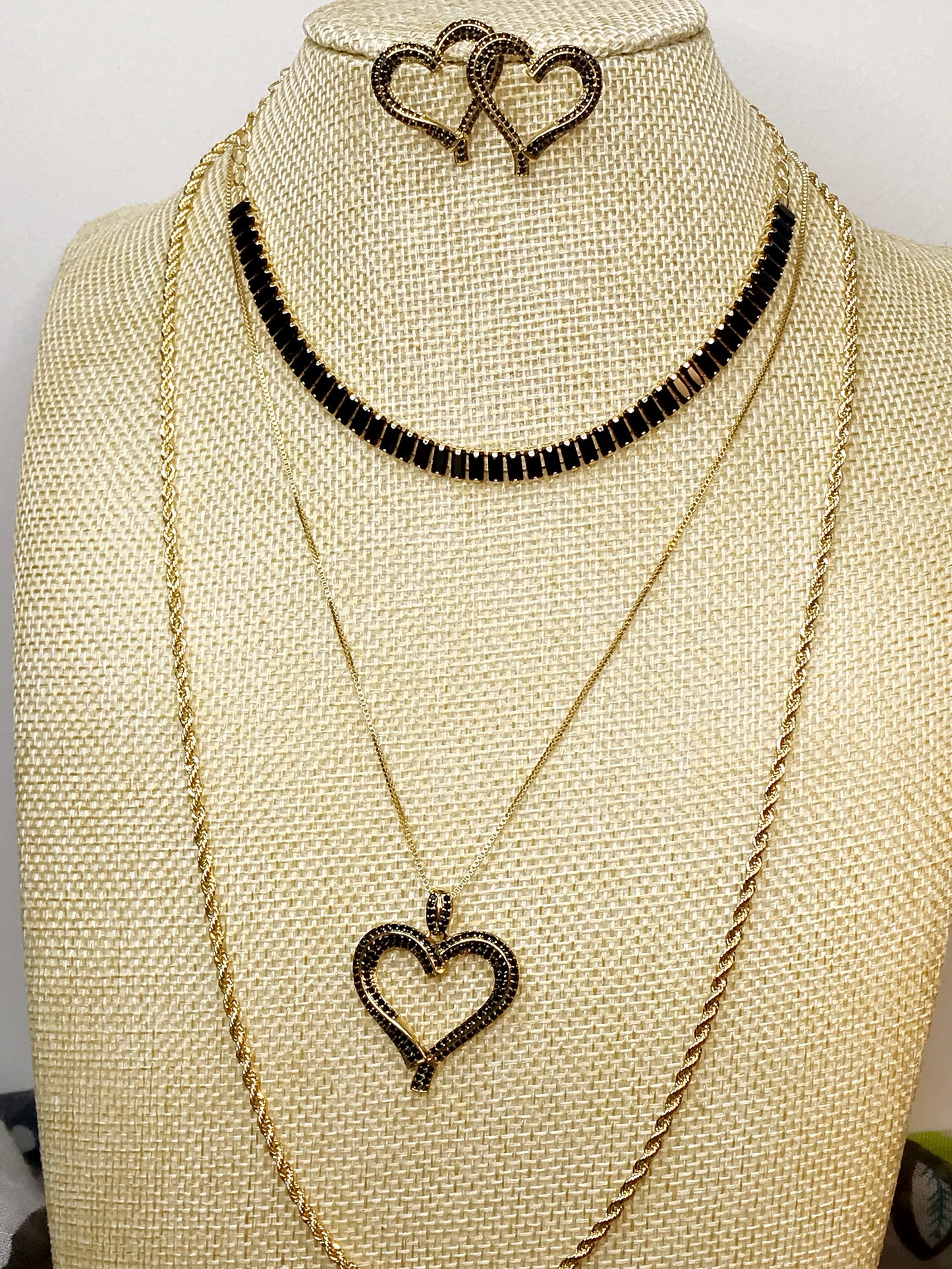 Black Pave Heart Necklace and Earring Set