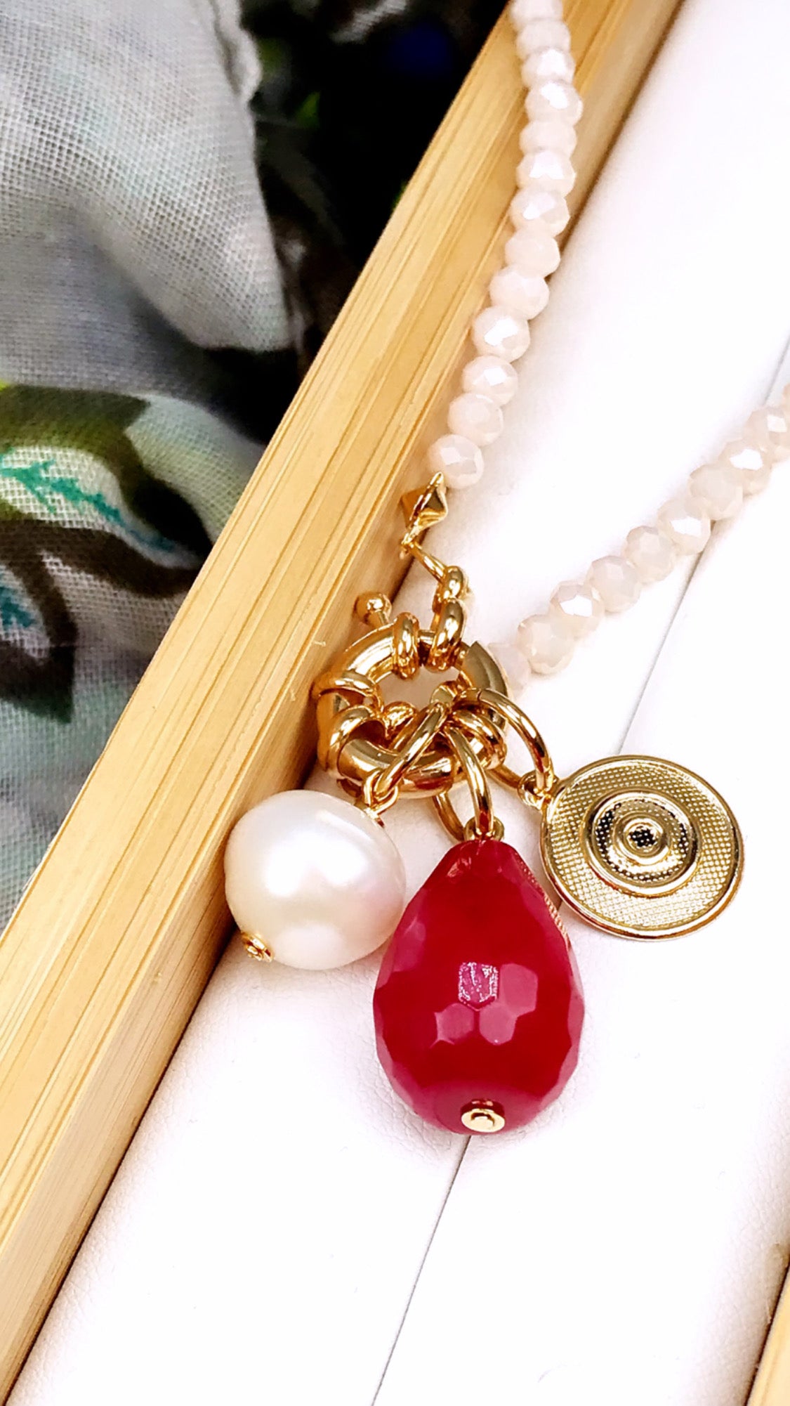 Long Nude Crystal Pearl Evil Eye Pink Stone Necklace