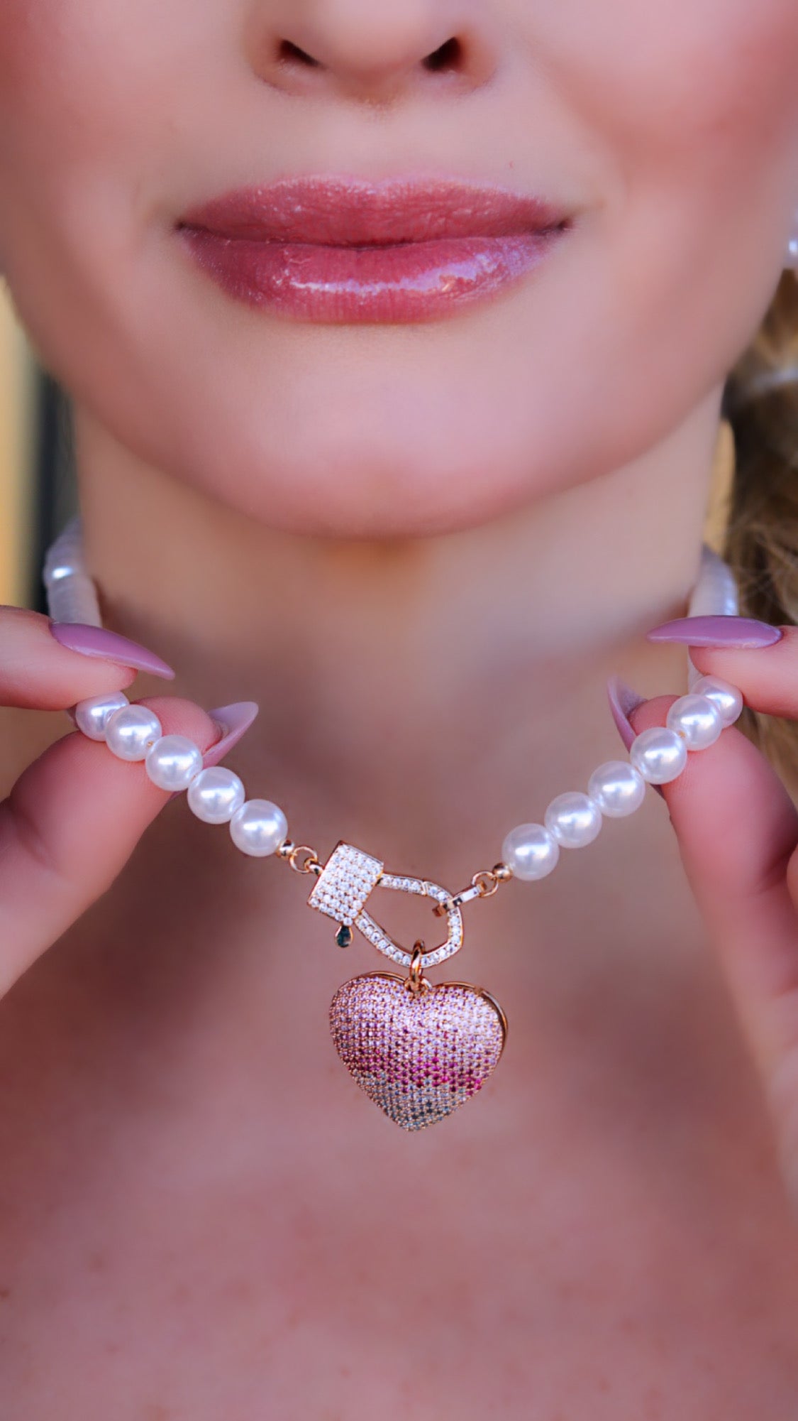 Luxury Pearl Necklace Pave Heart