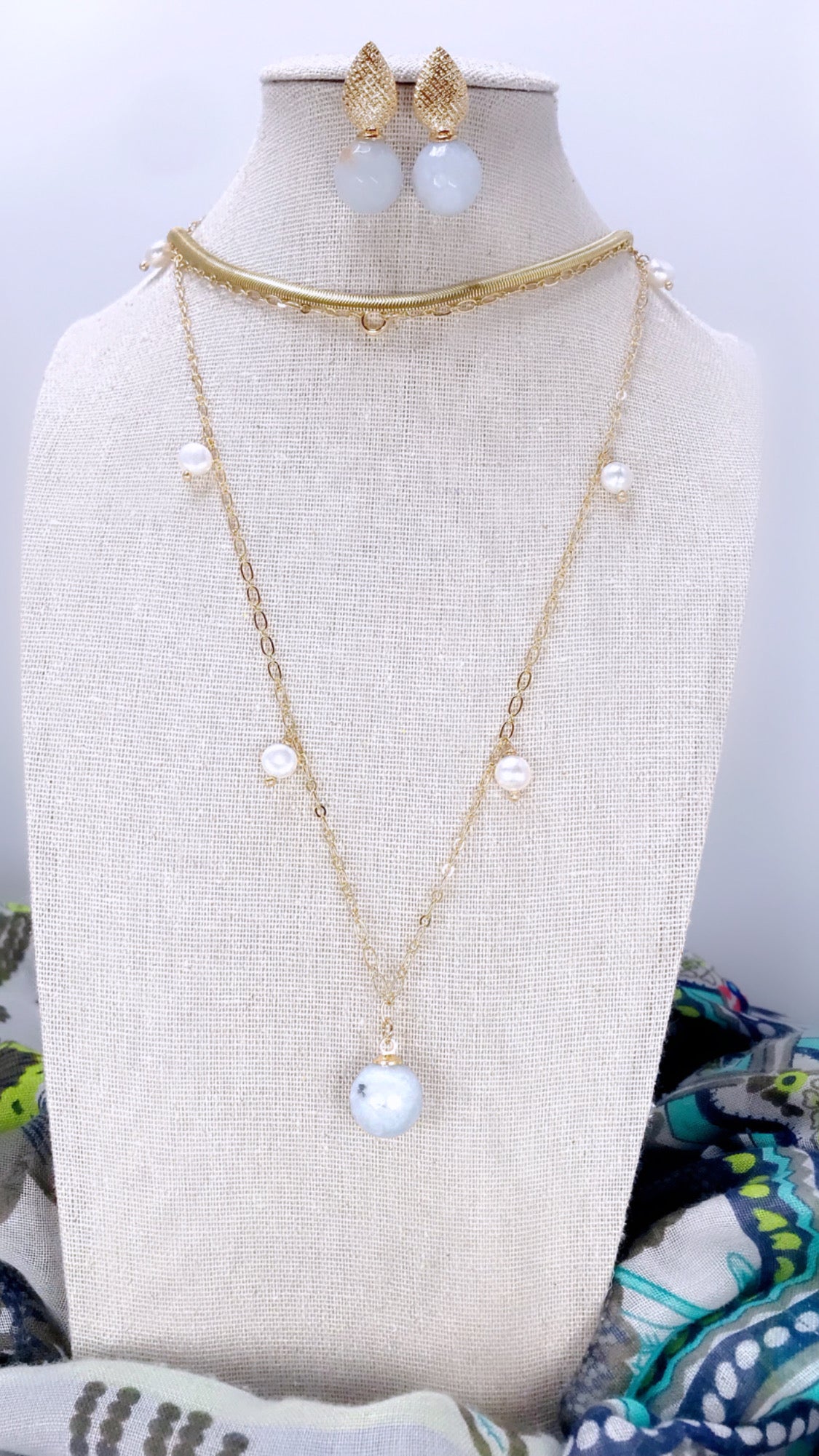 Angelite Aquamarine Jade Gem Necklace and Earring Set