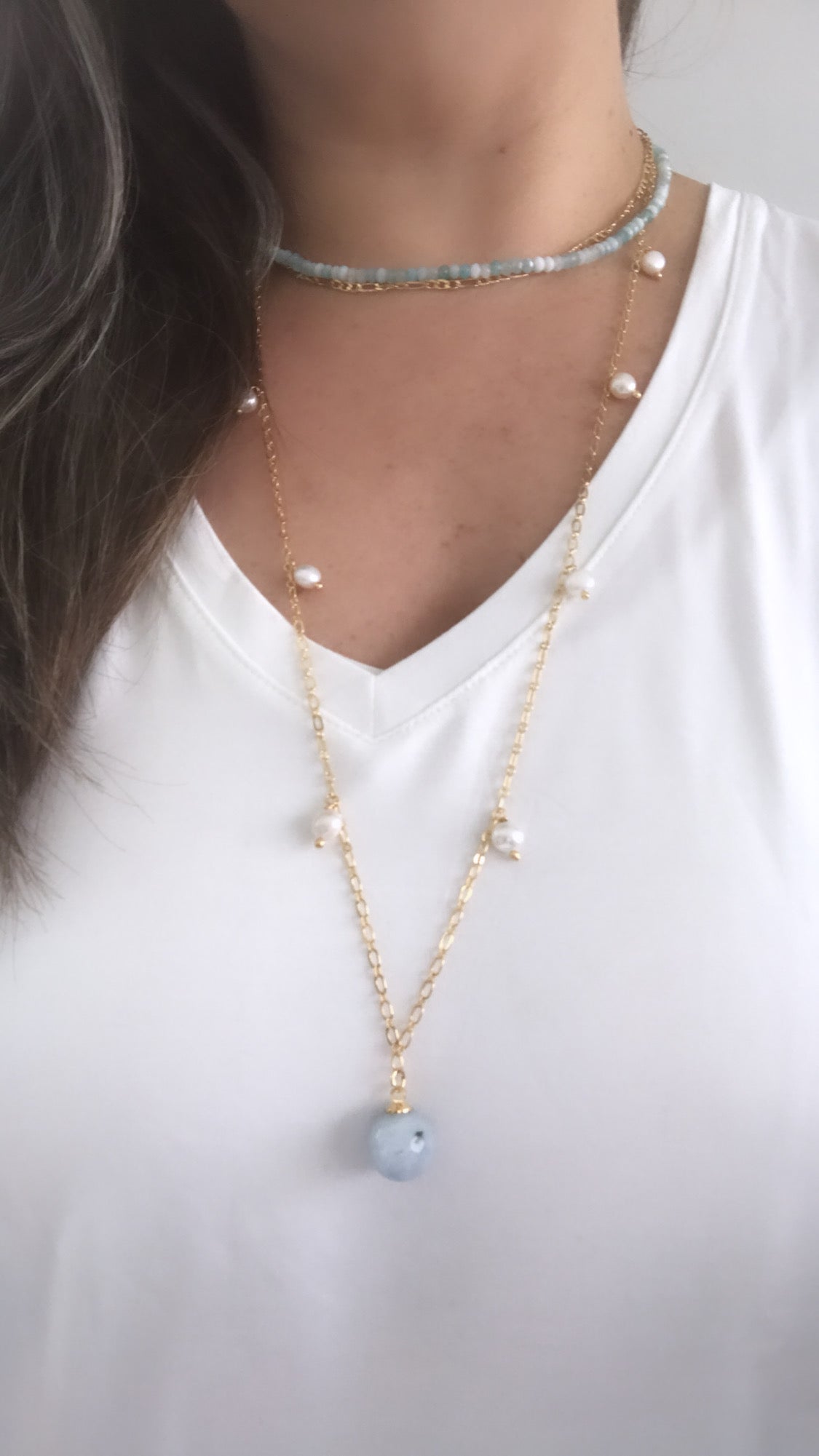 Angelite Aquamarine Jade Gem Necklace and Earring Set