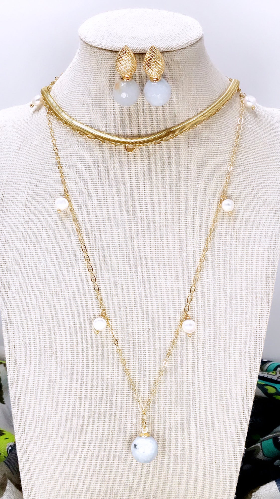 Angelite Aquamarine Jade Gem Necklace and Earring Set