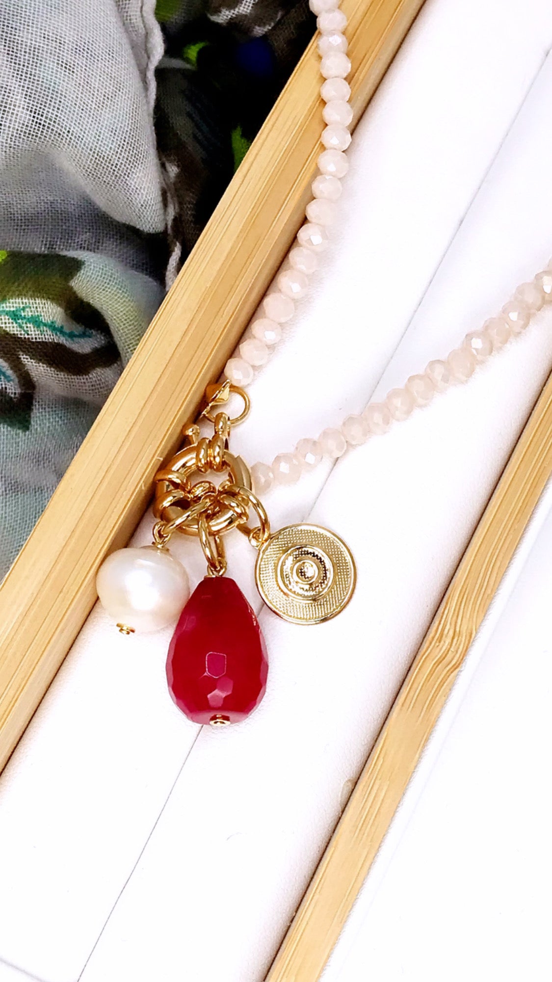 Long Nude Crystal Pearl Evil Eye Pink Stone Necklace