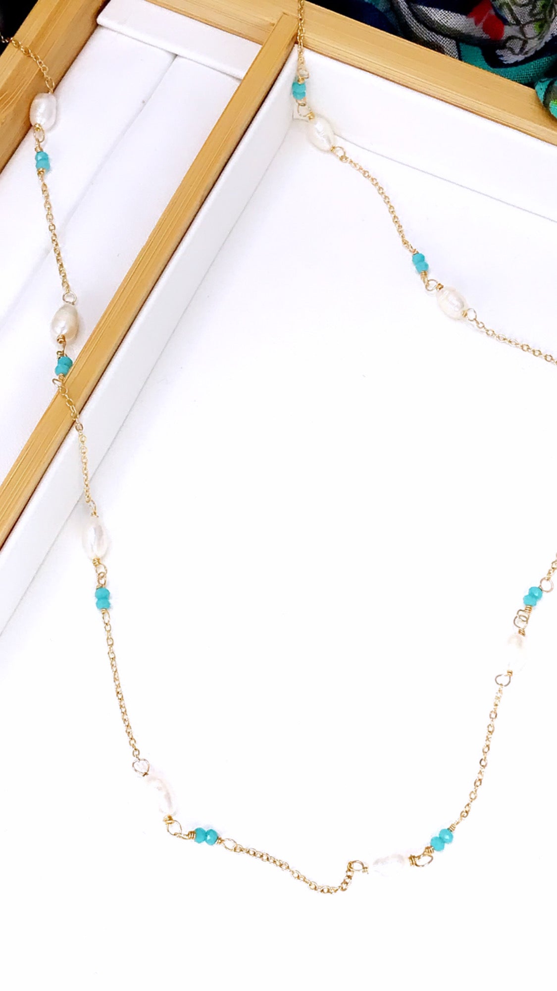 Pearl and Turquoise Crystals Long Necklace