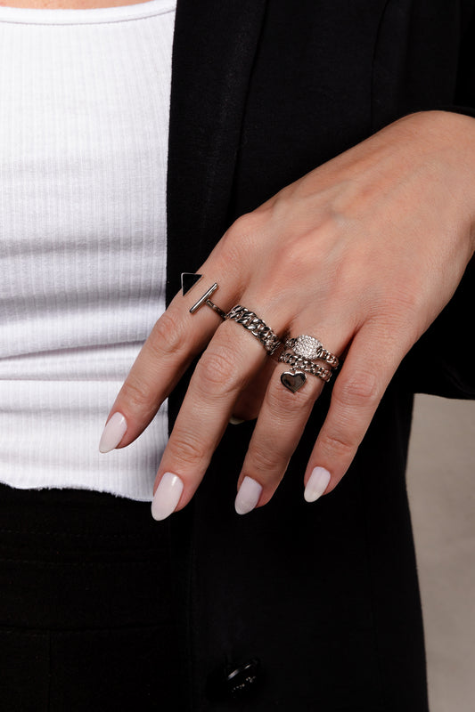 Link Pave Top Rhodium Ring