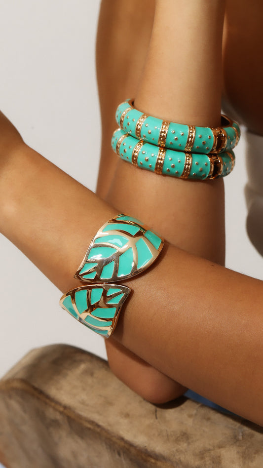 Enamel Cyan Leaf Cuff Bracelet