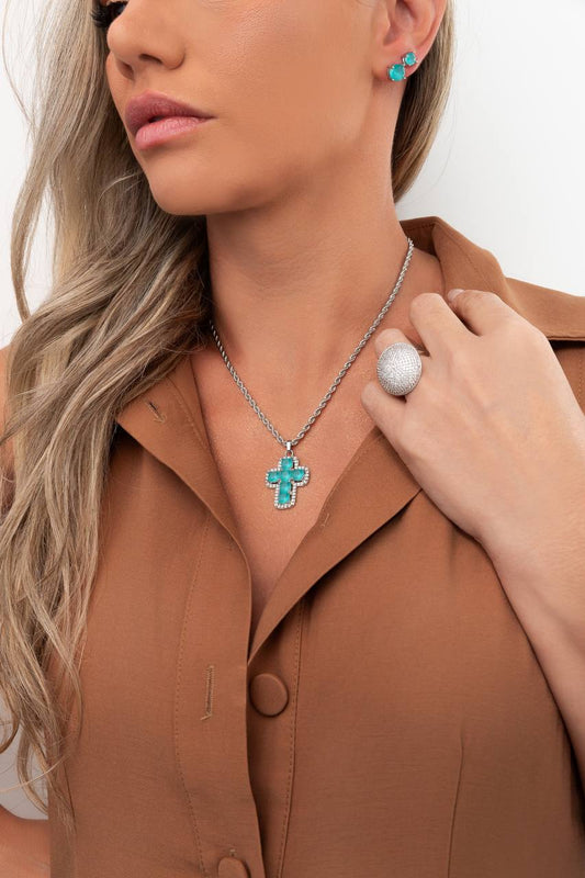 Pave Colombian Emerald Cross Necklace and Earring Set