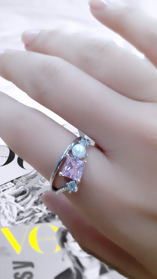 Kunzite LabGem and Pearl Rhodium Ring