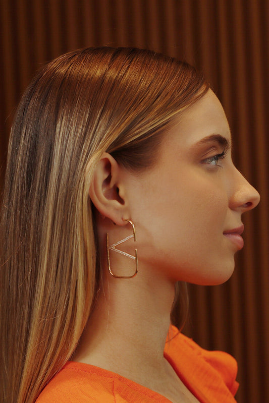 Pave Rectangle V Inspiration Hoop Earrings