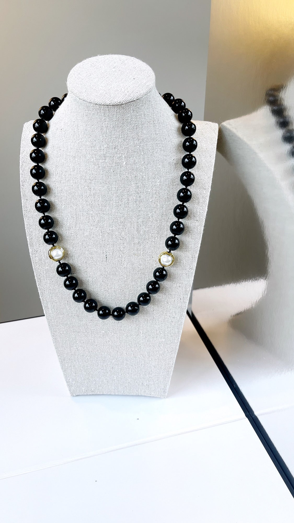 Gold Pearl Black Glass Pearl Necklace