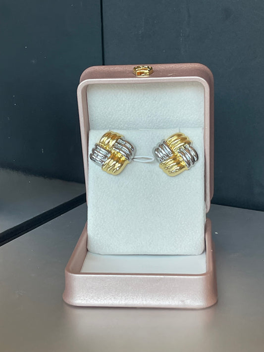Mix Metal Ribbed Squared Button Earring
