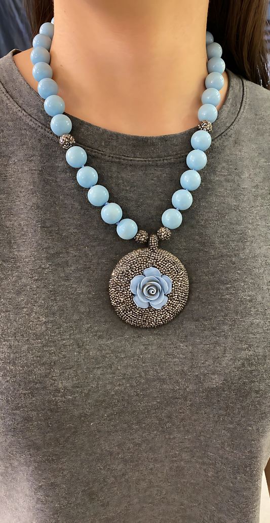 Flower Mandala Blue Provence Glass Pearl Necklace