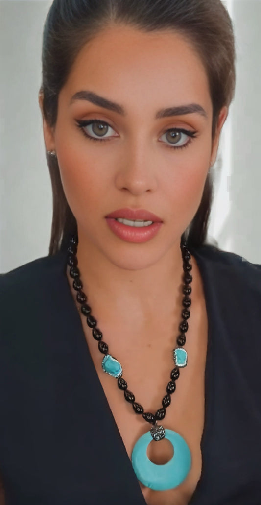 Turquoise Donut 10MM Black Glass Pearl Necklace