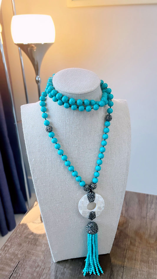 Glass Pearl Turquoise Calcite Donut Tassel Necklace