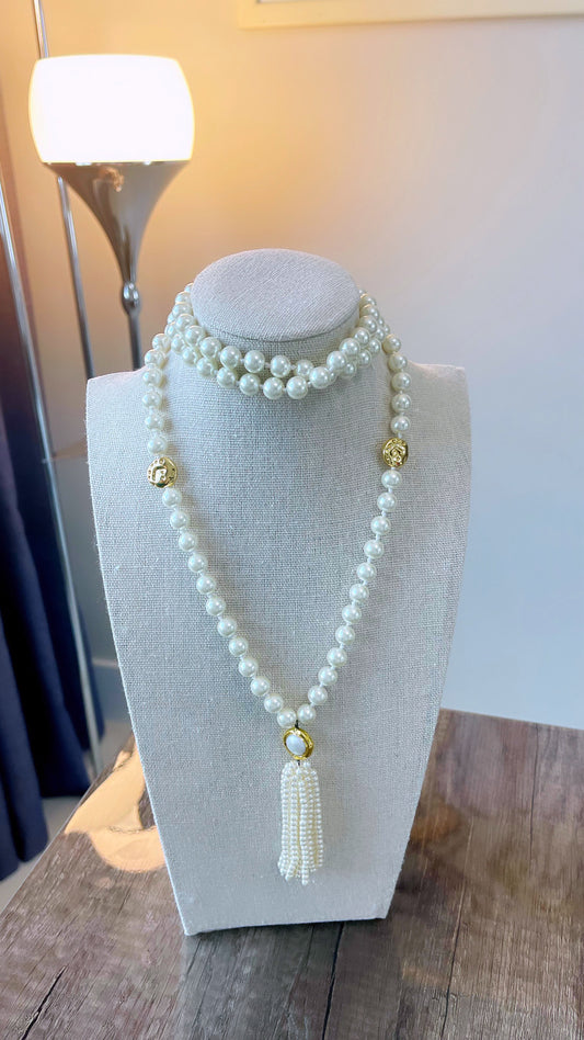 Long 8MM Shell Pearl Tassel Necklace
