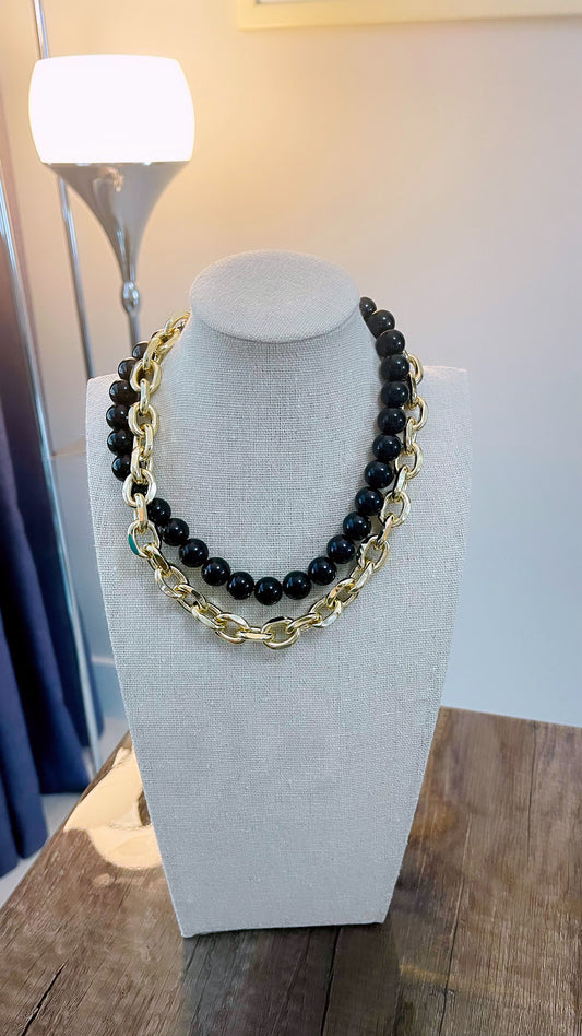 Black Glass Agate and Link Necklace