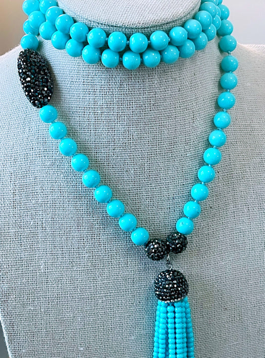 Glass Pearl Turquoise Tassel Necklace