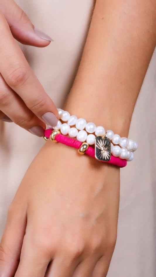 Pink Clay and Pearl Bracelet