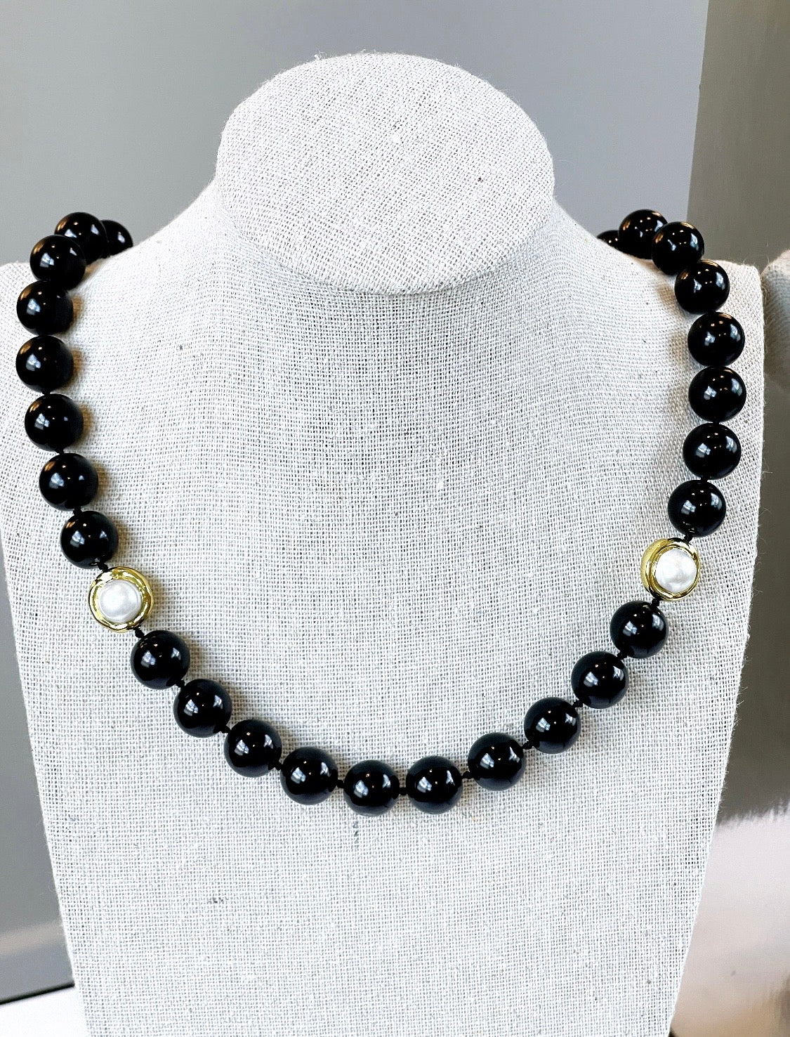 Gold Pearl Black Glass Pearl Necklace