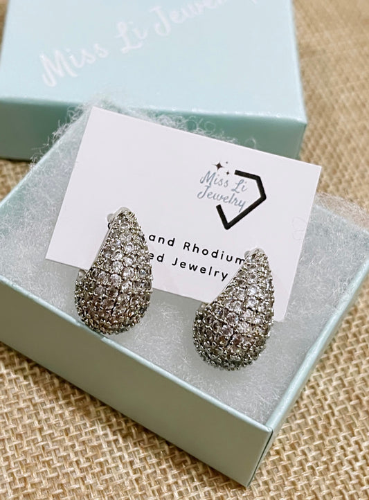 Wide Pave Tear Drop Rhodium Hoop
