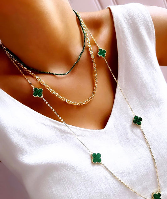 Long Enamel Green Clovers Inspiration VC Designer Necklace