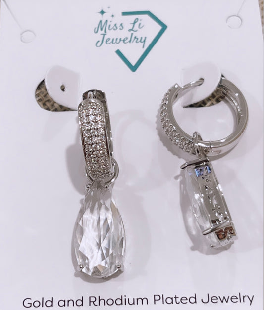 Pave Hoop Zirconia Drop Rhodium Earring