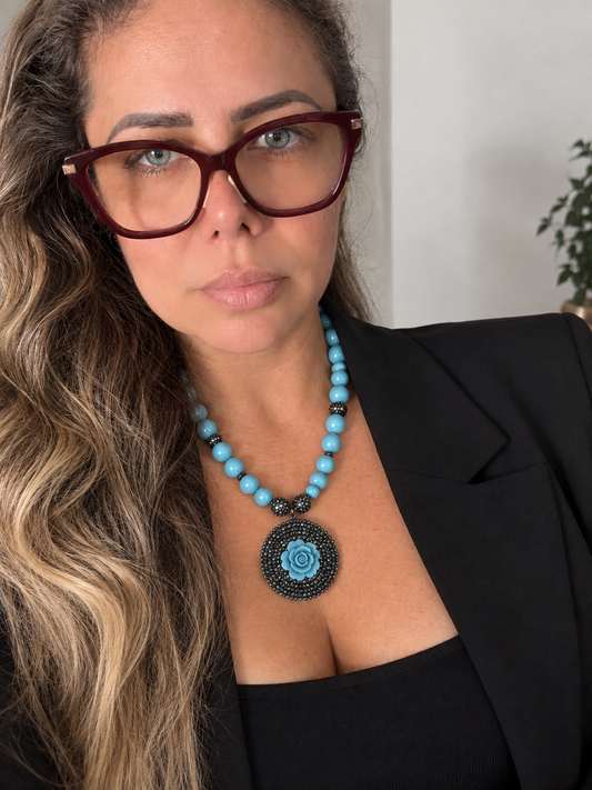 Flower Mandala Blue Provence Glass Pearl Necklace