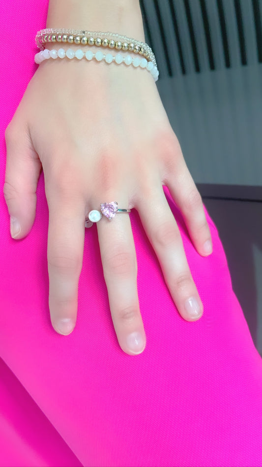 Kunzite Heart and Pearl Open Ring
