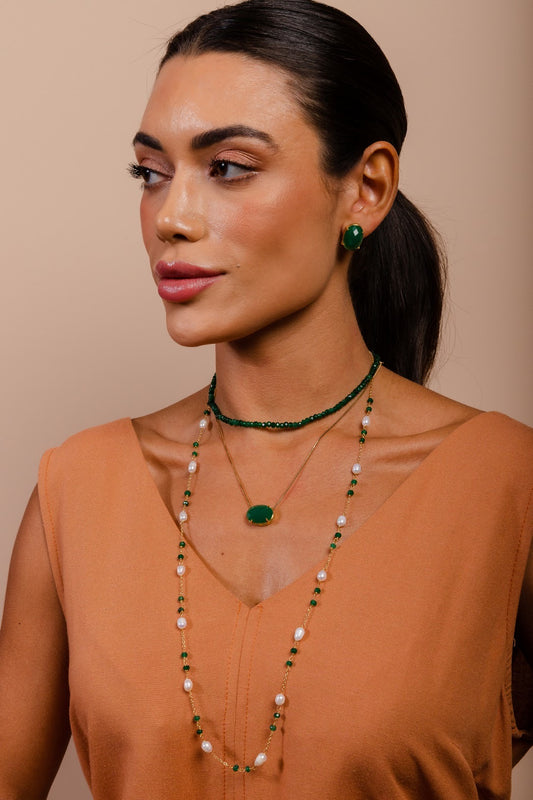 Pearl and Green Crystals Long Necklace