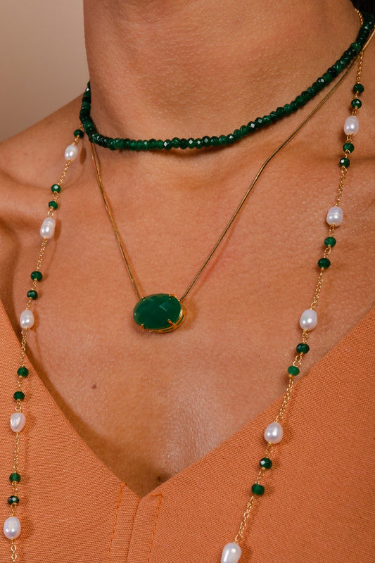 Pearl and Green Crystals Long Necklace