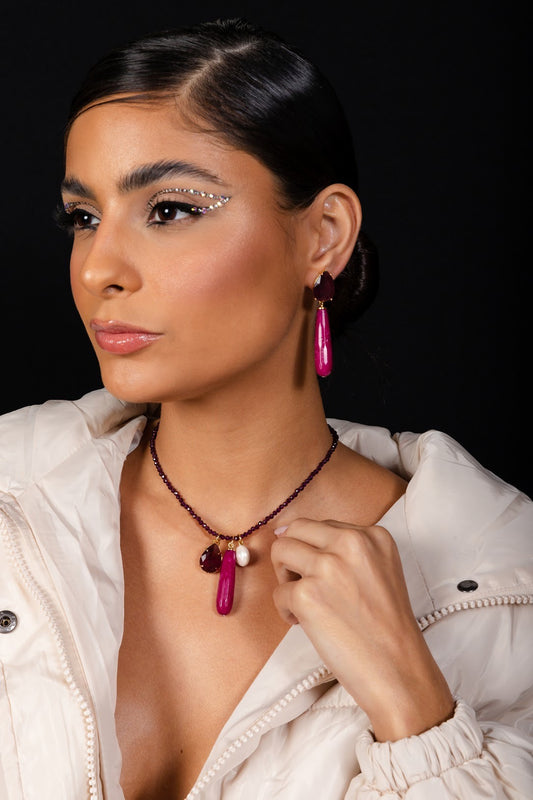 Maroon Jade Gem Necklace and Earring Set