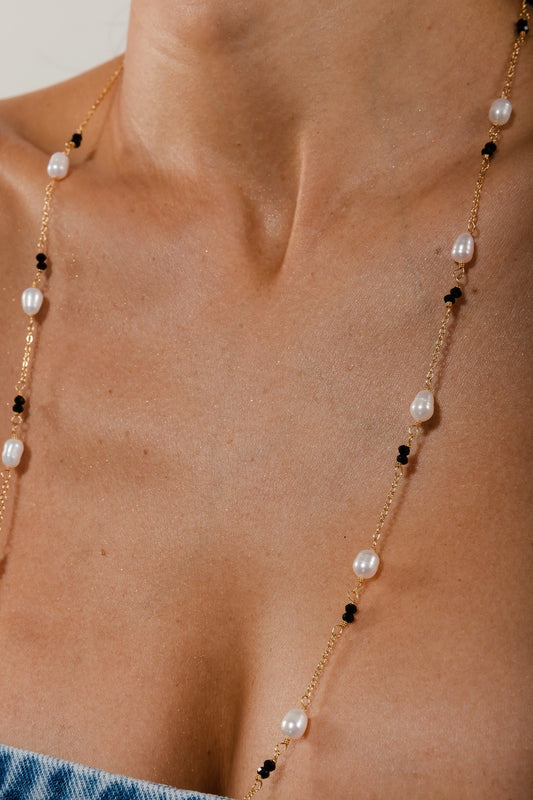 Pearl and Black Crystals Long Necklace