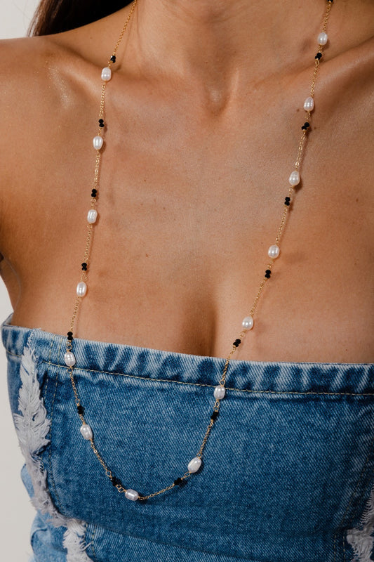 Pearl and Black Crystals Long Necklace
