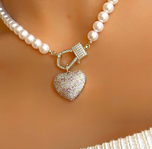 Luxury Pearl Necklace Pave Heart