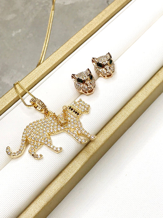 Body Panther Designer Inspiration Pave Stud Necklace and Earrings Set