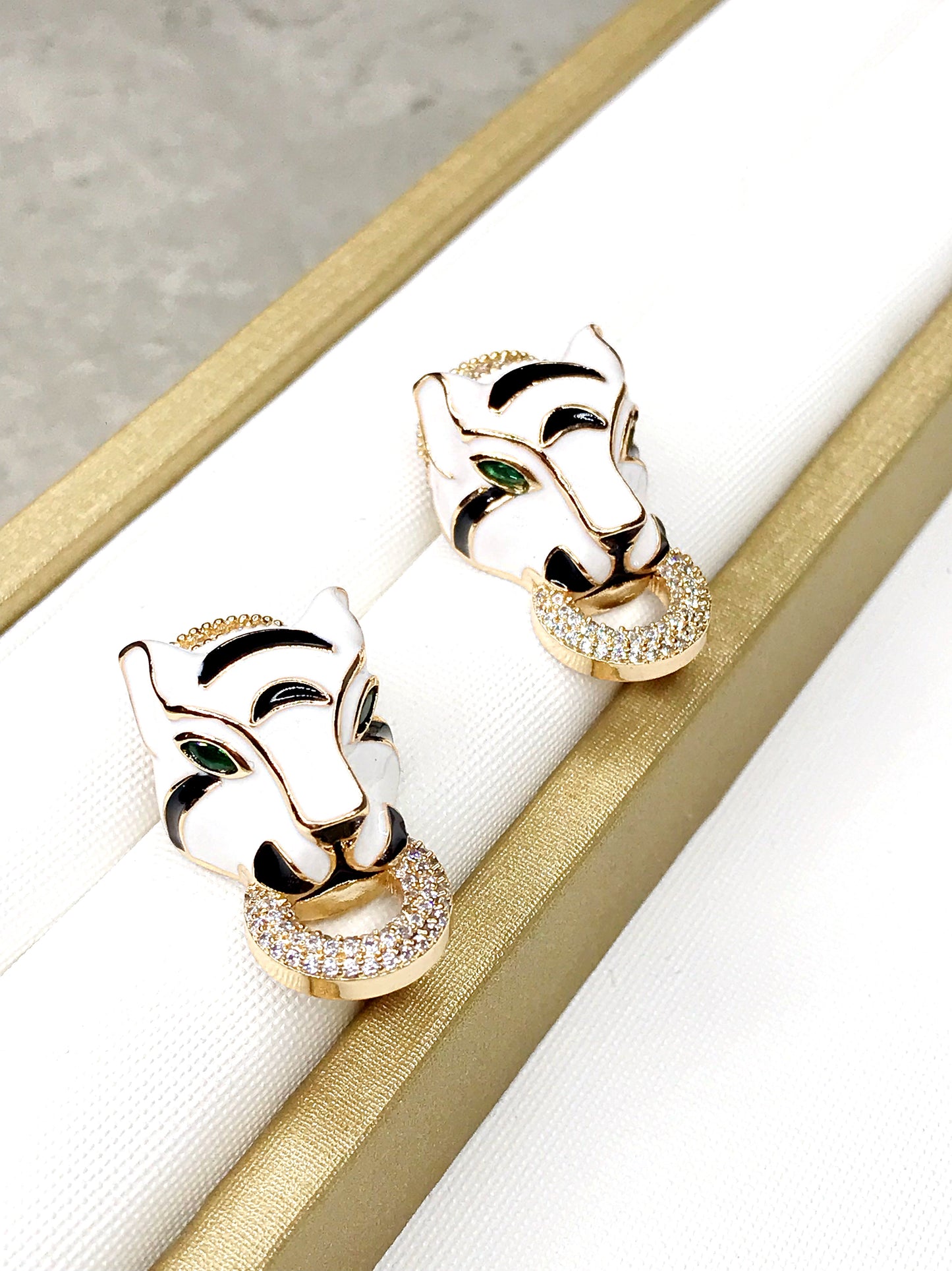 White Enamel Panther Earring