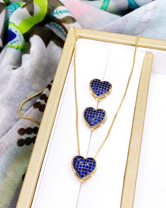 Small Sapphire Pave Heart Necklace and Earring Set