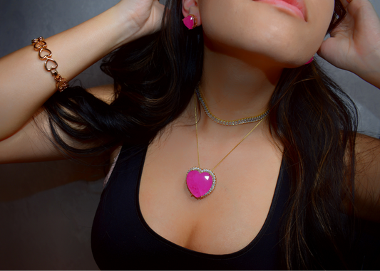 Maxi Heart Necklace and Earring Pink Tourmaline LabGemstone Set