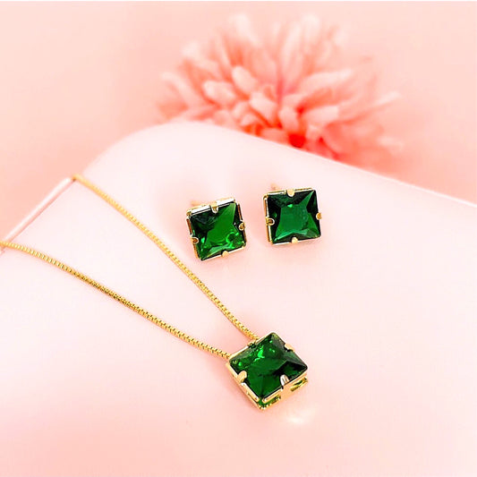 Squared Green Zirconia Necklace and Earring Set
