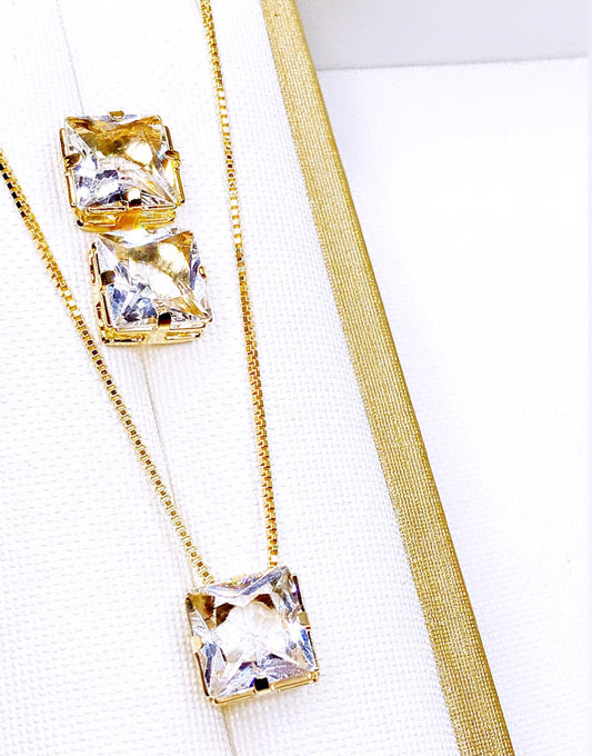 Squared Crystal Zirconia Necklace and Earring Set