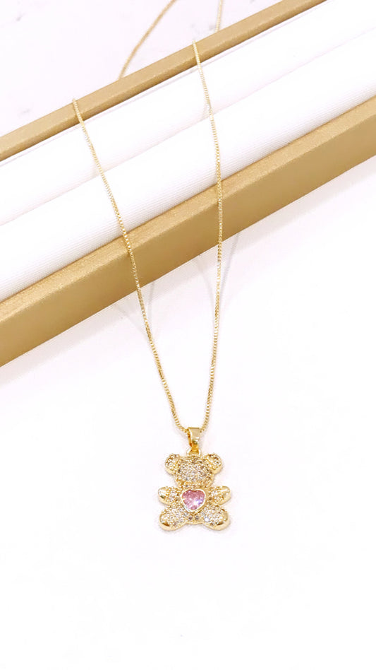 Teddy Bear Necklace Pink Zirconia