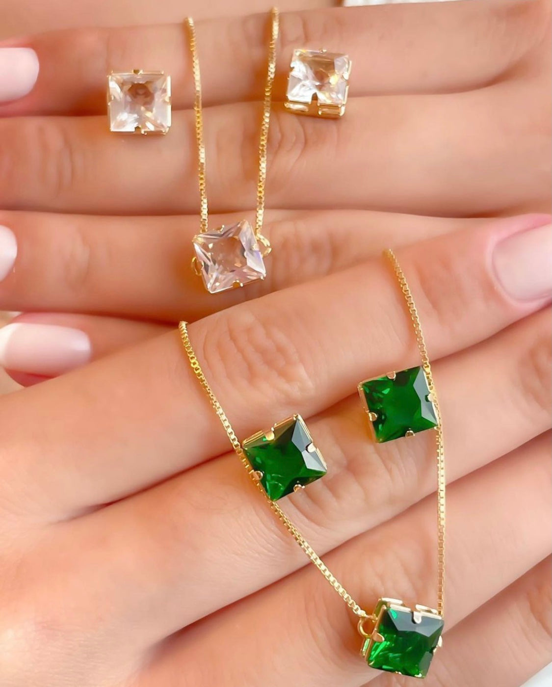 Squared Green Zirconia Necklace and Earring Set