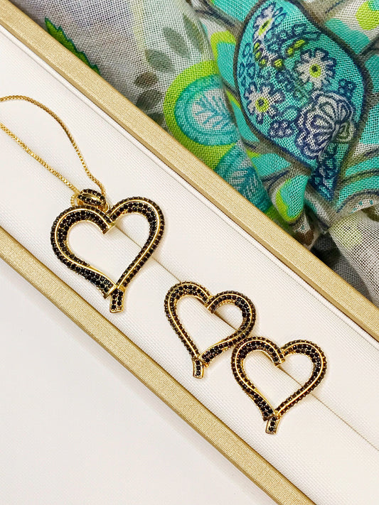 Black Pave Heart Necklace and Earring Set