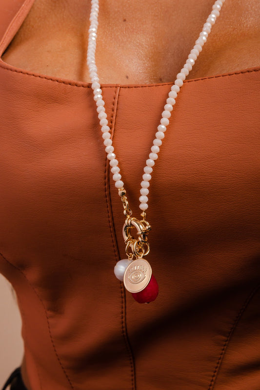Long Nude Crystal Pearl Evil Eye Pink Stone Necklace