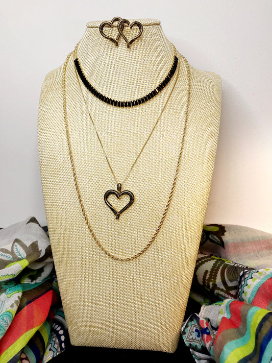 Black Pave Heart Necklace and Earring Set