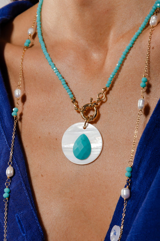 Pearl and Turquoise Crystals Long Necklace